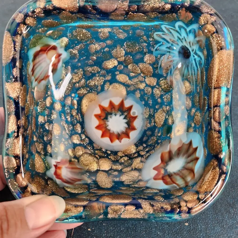 VTG Murano Tutti Frutti Blue Bowl Ashtray Trinket Dish Holder Home Decor